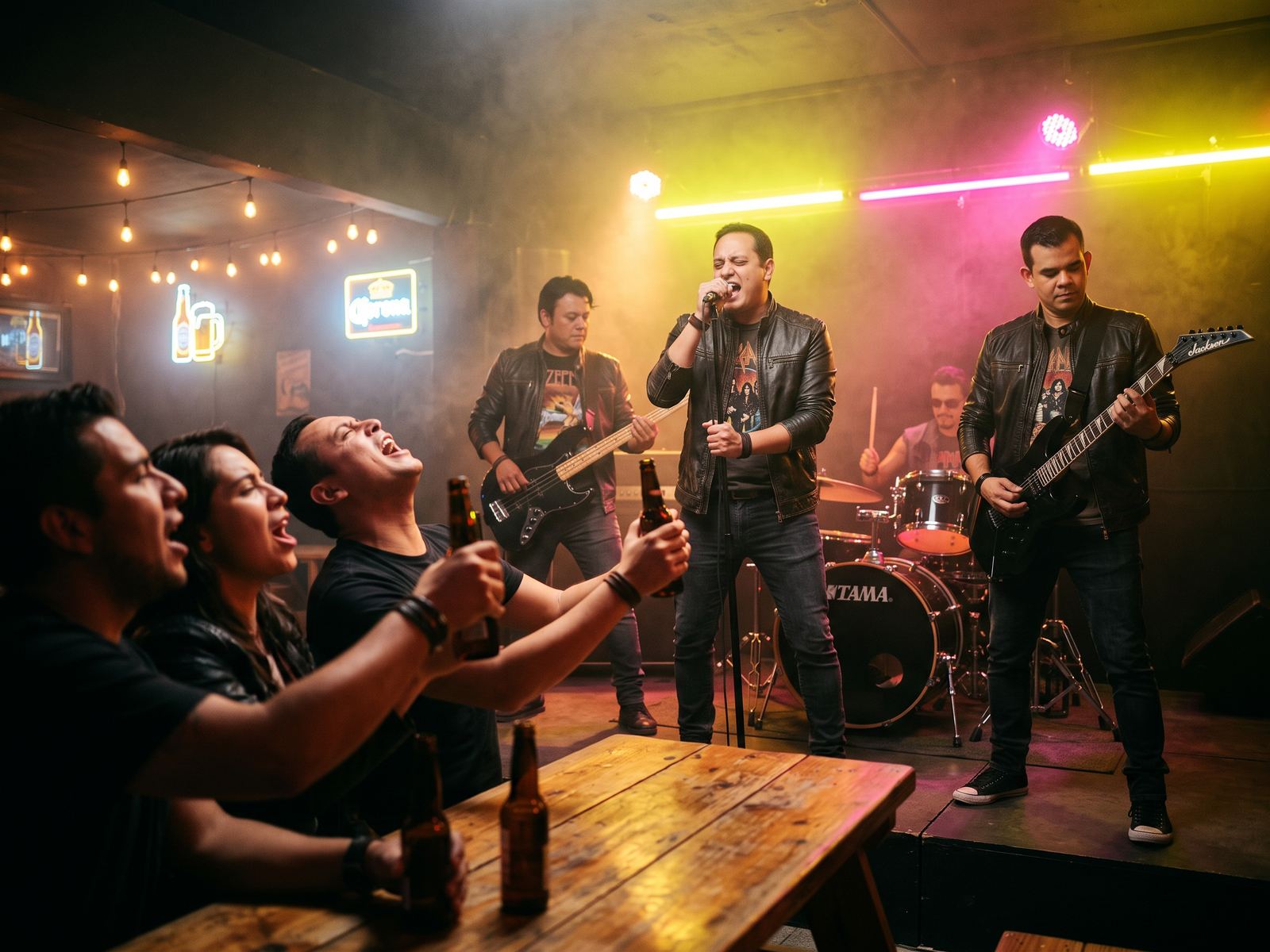 La banda toca en un bar lleno mientras unos amigos cantan con la cerveza en alto