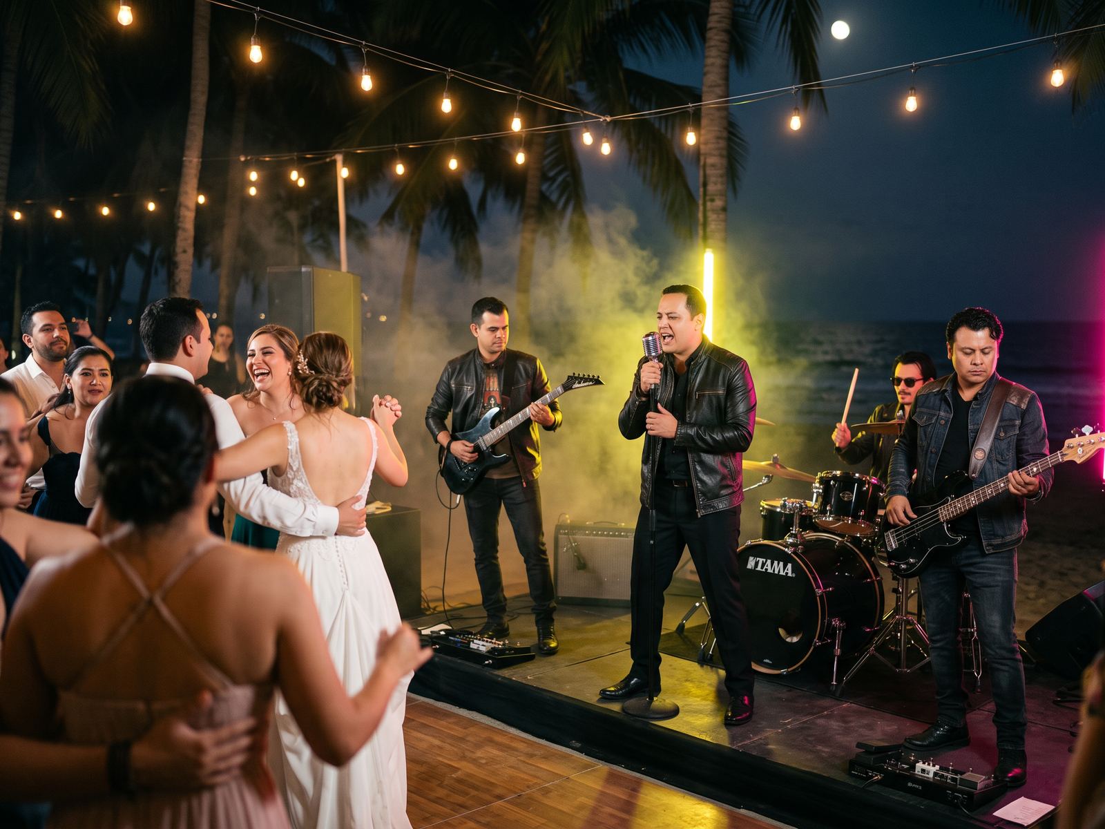La banda toca en una boda en la playa mientras los novios y sus invitados bailan