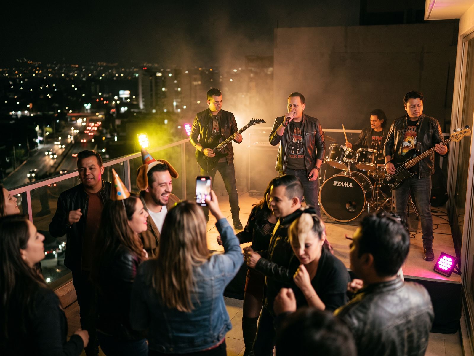 La banda toca en una fiesta de cumpleaños en una terraza con la ciudad de noche al fondo